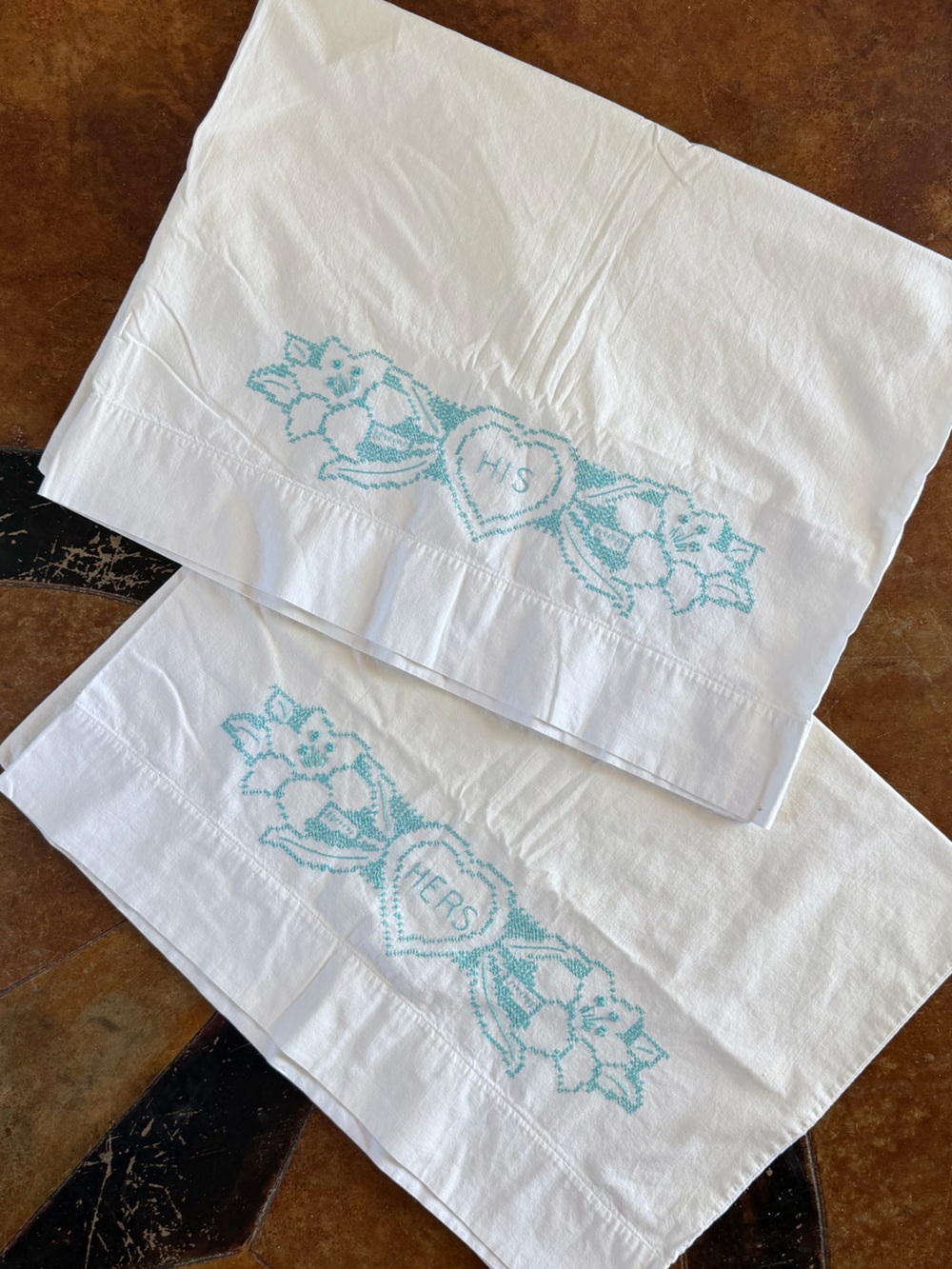 Embroidered White Linen Pillowcases with Aqua Floral Monogram